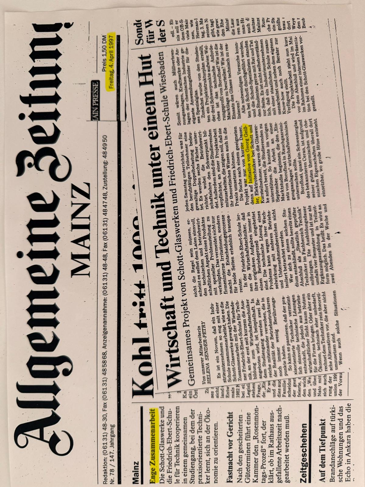 Artikel der Allgemeinen Zeitung Mainz vom 4. April 1997 — 'Wirtschaft und Technik unter einem Hut' über das Schott-Borofloat-Projekt mit der Friedrich-Ebert-Schule Wiesbaden, namentliche Erwähnung der Projekt-Initiative von Heinz-Georg Geissler