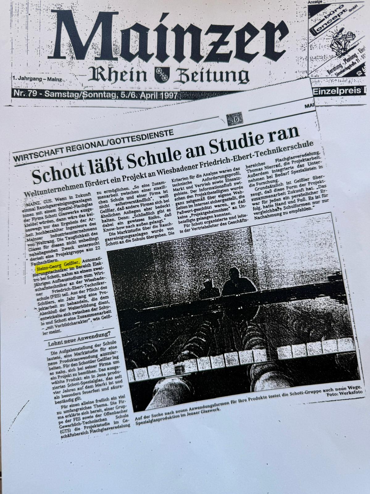 Artikel der Mainzer Rhein-Zeitung vom 5./6. April 1997 — 'Schott läßt Schule an Studie ran' über das Borofloat-Projekt mit der Friedrich-Ebert-Schule Wiesbaden